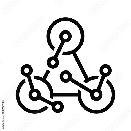 Complex network connection nodes icon with interconnected circles and lines representing data flow system