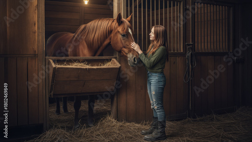 A teenage girl with auburn hair admiring her horse in a stall. Green t-shirt and denim jeans. A dedicated equine owner.