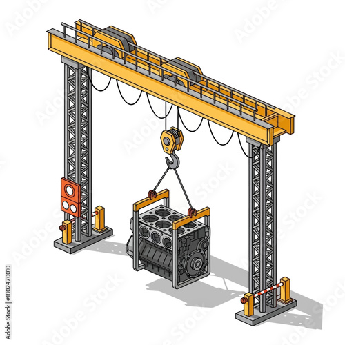 Industrial Gantry Crane Lifting Heavy Engine Block Vector