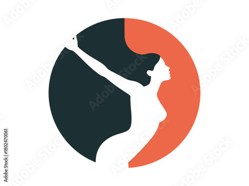 Silhouette of a woman reaching upwards with arms extended within a circular graphic.