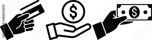 Various payment methods, credit card, coin, and cash money icon