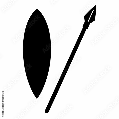 Zulu shield and spear weapon design in black and white illustration