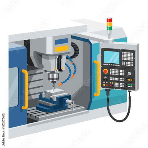 CNC Milling Machine Operation Vector Illustration