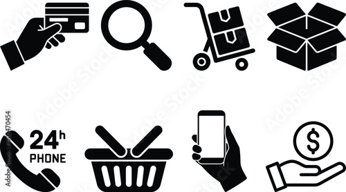 E-commerce, online shopping, delivery, payment, service icon set
