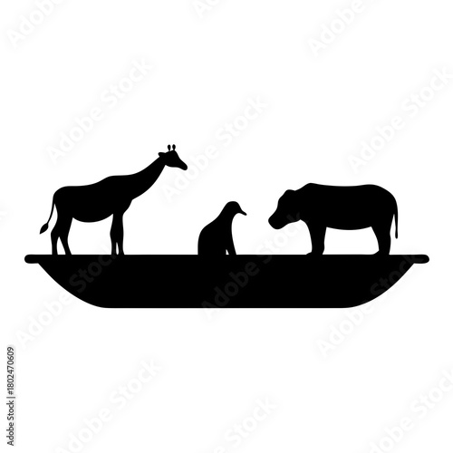 Silhouette of a Giraffe, Penguin, and Hippo in a Boat on White