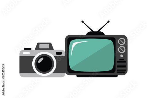 A vintage camera and television set sit side by side on a white background.