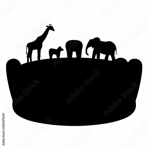 Monochrome silhouette illustration of animals on an outcropping of land, a small plateau