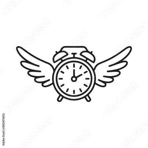 Flying Alarm Clock with Wings line art vector Icon