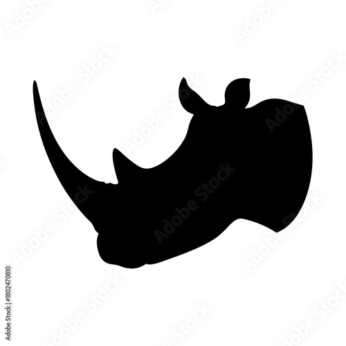 Black silhouette of a rhinoceros head with horns on a white background