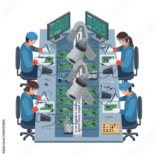 Technicians Working on Circuit Board Repair Vector