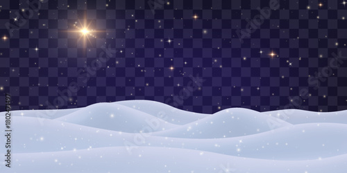 Vector Christmas night png. Night snowdrifts with stary sky on transparent background. Snow night landscape stars, frozen hills with snowbanks texture.