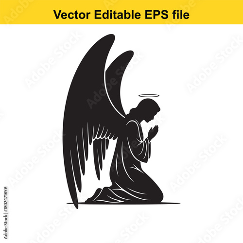 Silhouette of an angel with wings and halo praying on knees, isolated on