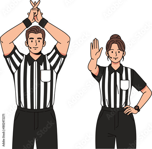 Cartoon referees making hand signals, male and female officials in striped uniforms, sports referee gestures illustration for rules and game instructions