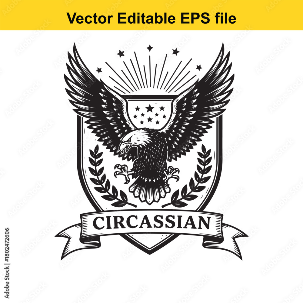 Fototapeta premium Circassian eagle emblem with outstretched wings, laurel branches, and stars, isolated on