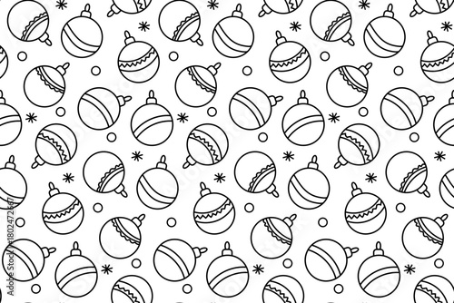 Seamless vector contour pattern in black and white. The pattern consists of many Christmas tree balls of the same size with different geometric lines and snowflakes.