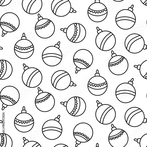 Seamless contour pattern in black and white. The pattern consists of many Christmas tree balls of the same size with different geometric lines and garland.