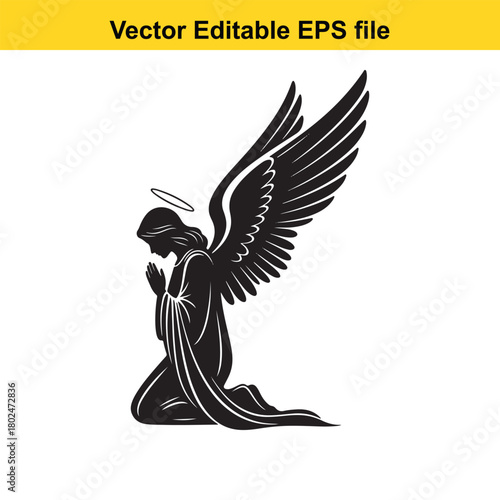 Silhouette of an angel with wings and halo praying on knees, isolated on