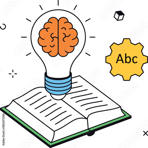 Online learning with brain lightbulb book and gear isometric flat vector illustration