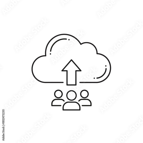 Black outline icon of three users uploading data to a cloud server, representing team collaboration.