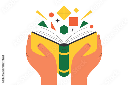 Hands holding an open book with geometric shapes and stars emerging from its pages.