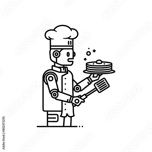 Cartoon Robot Chef Holding Stack of Pancakes and Spatula.