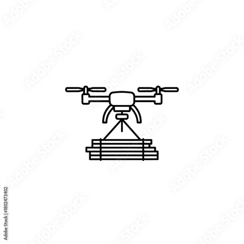 Drone Carrying Stacked Wood - Black and White Line Art Illustration.