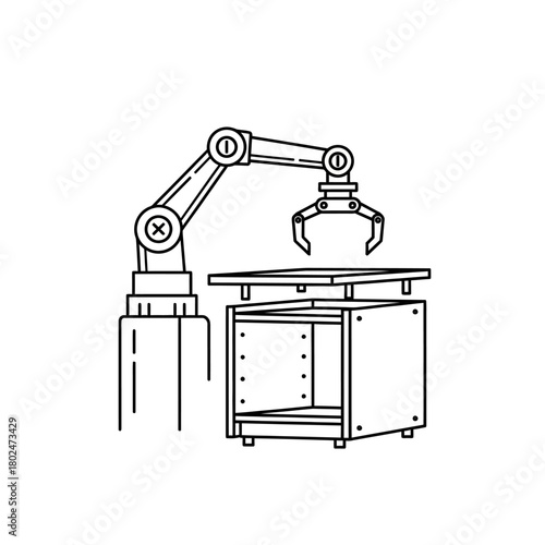 Industrial robotic arm with a claw gripper assembling a cabinet, minimalist line art illustration.