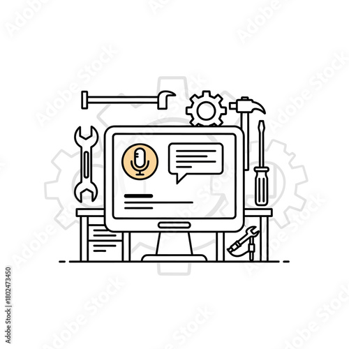 Illustrated Computer Monitor with Tools, Representing Online Support and Repair.
