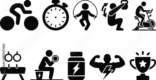 Fitness and sports icons: workout, training, gym, exercise, healthy