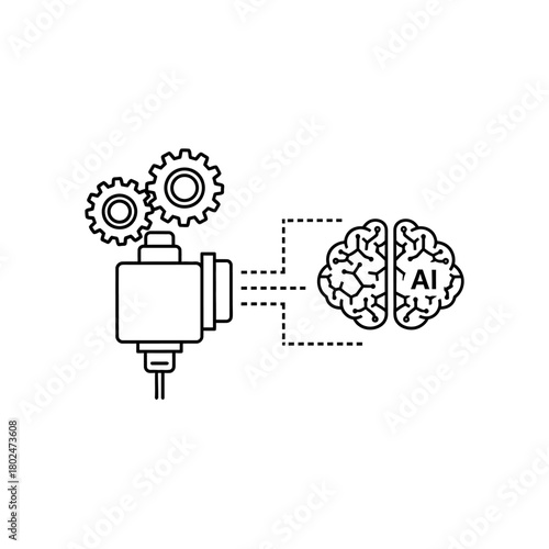 Machine Learning Concept - Gears, Mechanism, and Brain with AI Text, Outline Style.