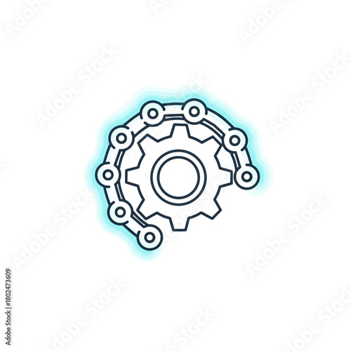 Minimalist black outline icon of a mechanical gear and chain system, symbolizing connection, industry, and power transmission.