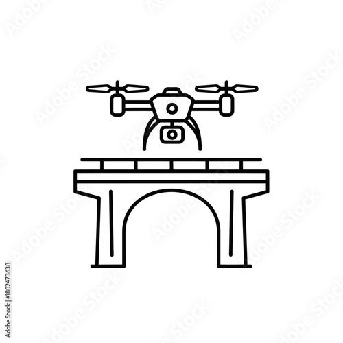 Minimalist line art icon of a drone with camera flying above an arched bridge.