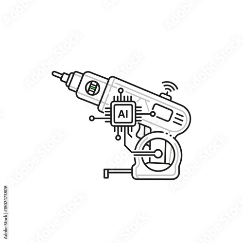 Monochrome line art of an industrial robotic arm with an integrated AI chip, symbolizing smart automation and future technology.