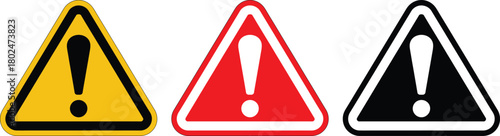 Three distinct warning signs with exclamation marks, various colors