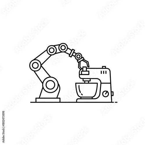 Robotic Arm Interacting with a Stand Mixer in Minimalist Line Art Style.