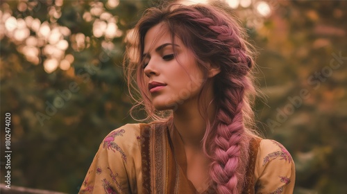 Arab woman with side braid dyed pink wearing vintage boho shirt 