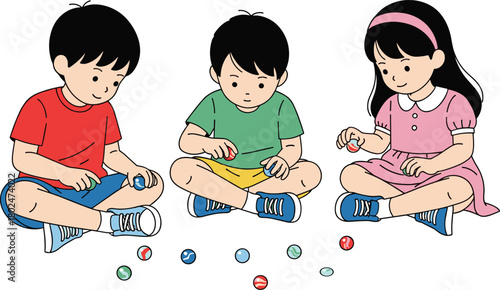 Children sitting together on the floor happily playing marbles, fun childhood activity illustration perfect for education materials, games, learning resources and kids designs