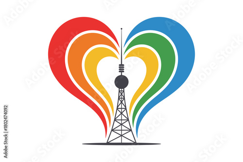 A tall tower is embraced by a heart shape made of rainbow-colored arcs against a white background.