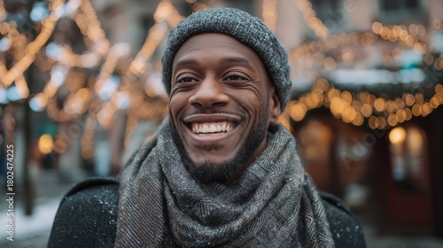 black man with wide grin at winter decorated street 