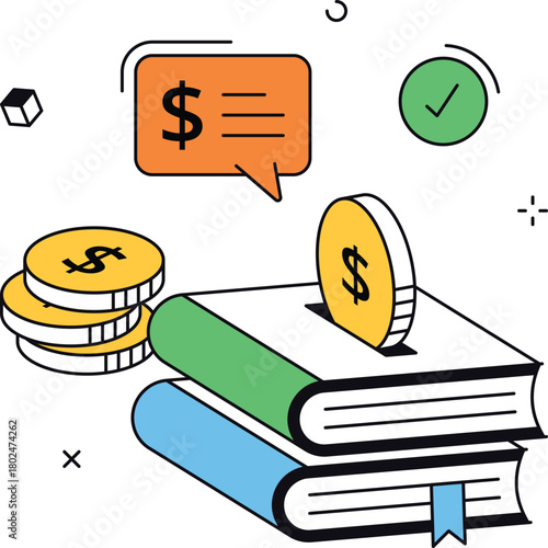 Online tuition with financial investment coins and books isometric flat vector illustration
