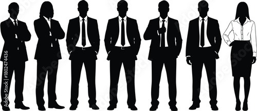 Business team silhouette, corporate professionals, office attire, leadership concept, teamwork illustration, black vector, career people, formal dress, confident pose