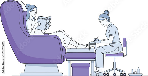 Relaxing pedicure session illustration showing woman reading magazine while nail technician provides professional foot care in modern beauty spa environment
