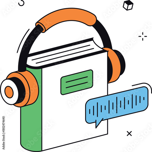 Audiobook with headphones for online education isometric flat vector illustration