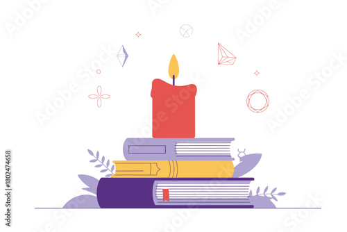 A lit candle sits atop a stack of colorful books, surrounded by abstract shapes and decorative elements.