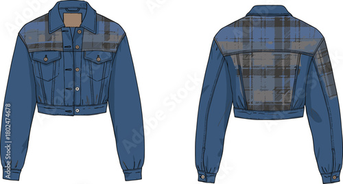 Cropped denim jacket, plaid pattern, front and back view, fashion apparel, stylish outerwear, casual wear, trendy design, textile detail