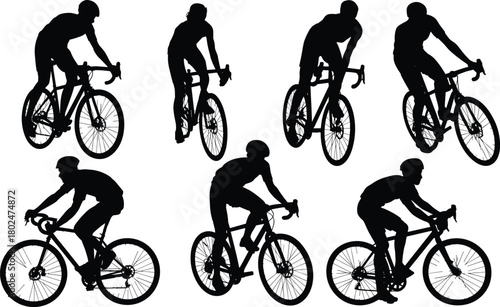 Cycling silhouette, airborne bikers, road bike tricks, helmet safety, sport motion, vector art, athletic pose, outdoor exercise, black background, jump action