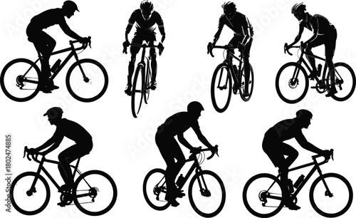 Cycling silhouette, road bike riders, helmet safety, dynamic motion, sport activity, vector art, posture variety, outdoor exercise, black background, cycling form