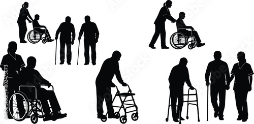 Elderly care silhouette, mobility assistance, wheelchair support, walking aid, caregiver help, black vector, healthcare design, disability awareness, human connection