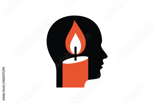 A lit candle is burning inside a human head silhouette, representing ideas.