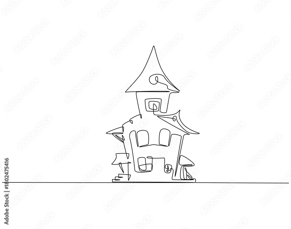 Naklejka premium Continuous line drawing of halloween castle. Single line illustration of halloween castle. Halloween day concept. Editable outline